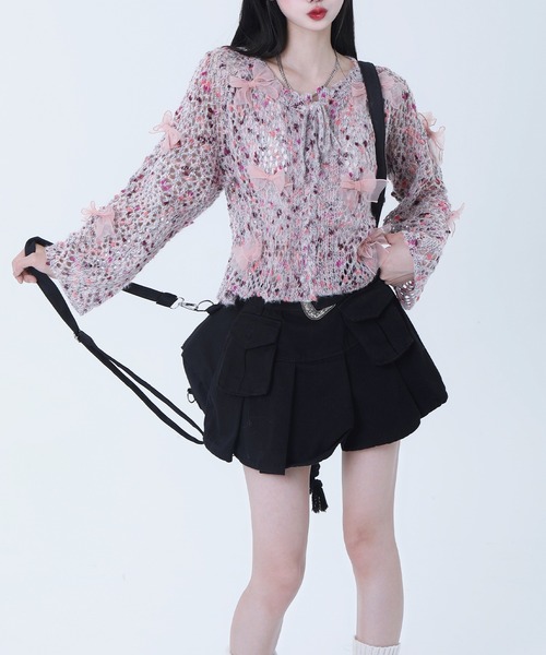 HOOK(フック)の「【HOOK】for girls シフォンリボンたっぷり透かしニットプルオーバー(ニット/セーター・レディース・グレー/ピンク・L/M/S)」の22枚目の写真