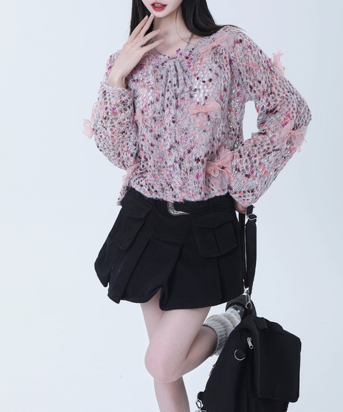 HOOK(フック)の「【HOOK】for girls シフォンリボンたっぷり透かしニットプルオーバー(ニット/セーター・レディース・グレー/ピンク・L/M/S)」の7枚目の写真