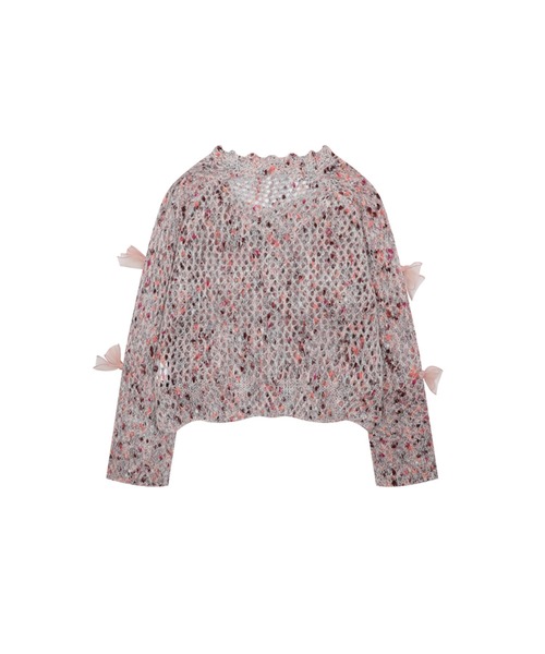 HOOK(フック)の「【HOOK】for girls シフォンリボンたっぷり透かしニットプルオーバー(ニット/セーター・レディース・グレー/ピンク・L/M/S)」の4枚目の写真