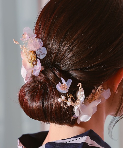 Retica（レティカ）の「浴衣 ヘアアクセサリー 髪飾り かすみ草付きドライフラワー 浴衣ヘアアクセ 3点セット かわいい（和装小物・レディース・オフホワイト・FREE）」の4枚目の写真