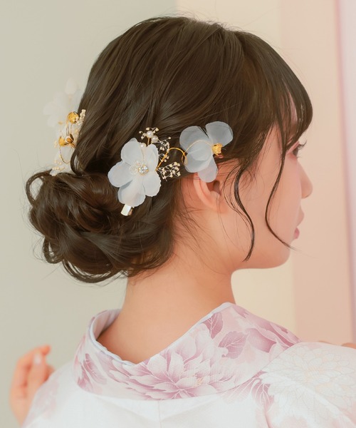 Retica（レティカ）の「浴衣 ヘアアクセサリー 髪飾り かすみ草付きドライフラワー 浴衣ヘアアクセ 3点セット かわいい（和装小物・レディース・オフホワイト・FREE）」の5枚目の写真
