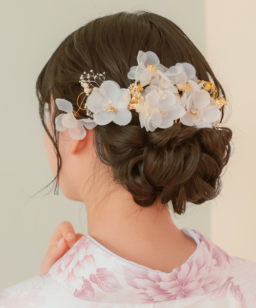 Retica（レティカ）の「浴衣 ヘアアクセサリー 髪飾り かすみ草付きドライフラワー 浴衣ヘアアクセ 3点セット かわいい（和装小物・レディース・オフホワイト・FREE）」の6枚目の写真