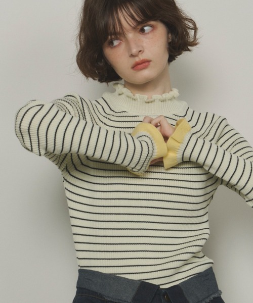 Unitage（ユニテージ）の「配色タートルリブニット（ニット/セーター・レディース・ピンク/ボルドー/ネイビー/アイボリー・FREE）」の3枚目の写真