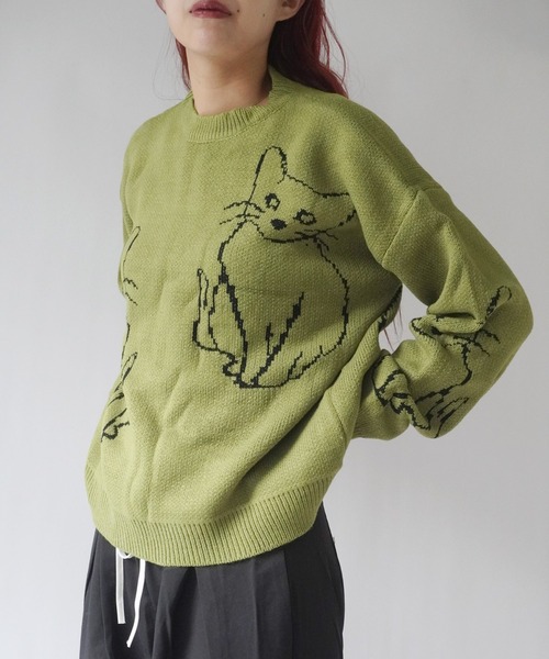 Port(ポート)の「【 antique andico / アンティーク アンディコ 】 グラフィック キャット デザイン ニット #_(ニット/セーター・レディース・ホワイト/グリーン/ブラック・FREE)」の3枚目の写真