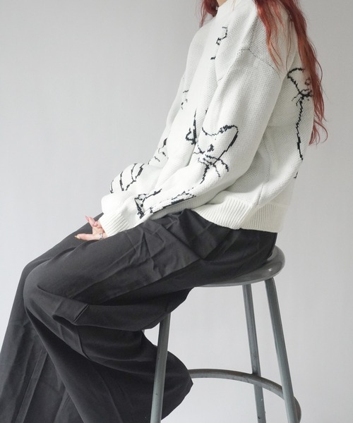 Port(ポート)の「【 antique andico / アンティーク アンディコ 】 グラフィック キャット デザイン ニット #_(ニット/セーター・レディース・ホワイト/グリーン/ブラック・FREE)」の5枚目の写真