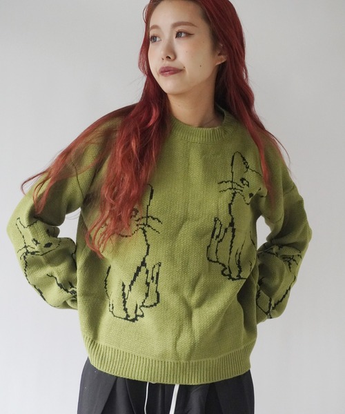 Port(ポート)の「【 antique andico / アンティーク アンディコ 】 グラフィック キャット デザイン ニット #_(ニット/セーター・レディース・ホワイト/グリーン/ブラック・FREE)」の10枚目の写真