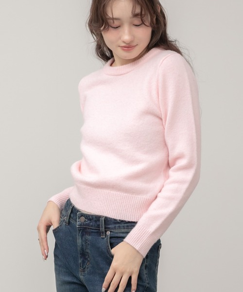 セール】【新色追加】クルーネックベーシッククロップドニットトップス