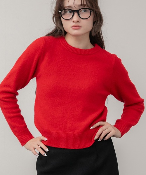 セール】【新色追加】クルーネックベーシッククロップドニットトップス