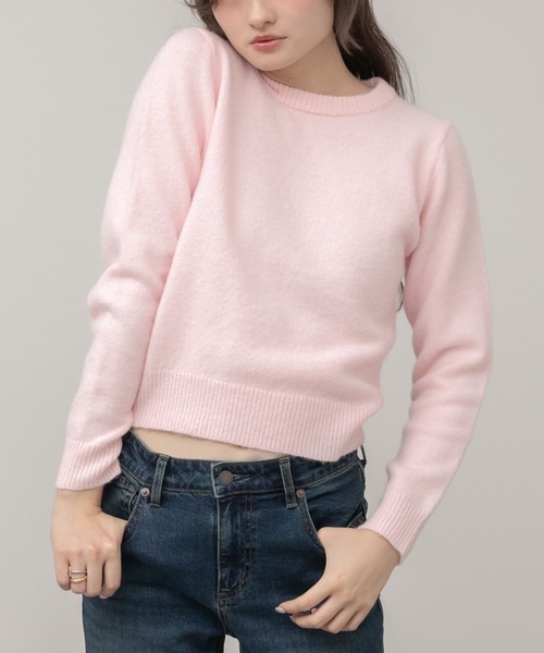 セール】【新色追加】クルーネックベーシッククロップドニットトップス