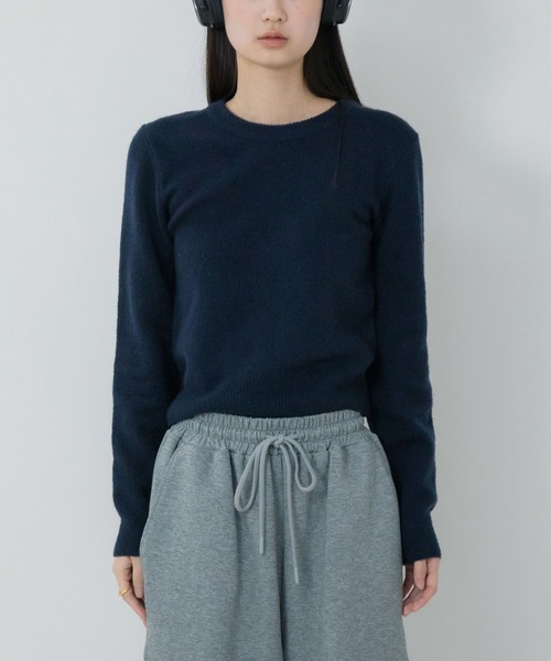 クルーネックベーシッククロップドニットトップス / ウールブレンド