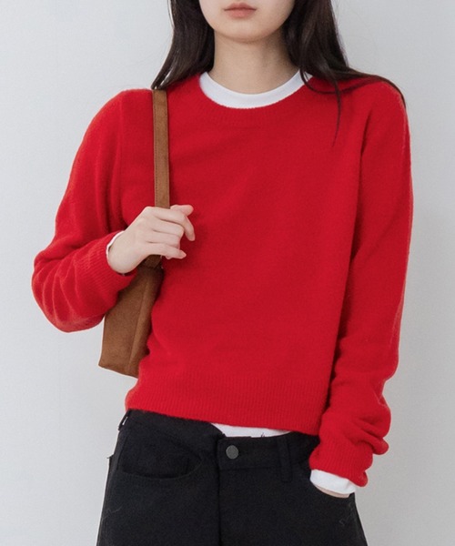 新色追加】クルーネックベーシッククロップドニットトップス