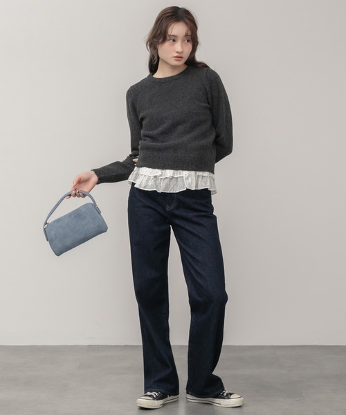 セール】【新色追加】クルーネックベーシッククロップドニットトップス