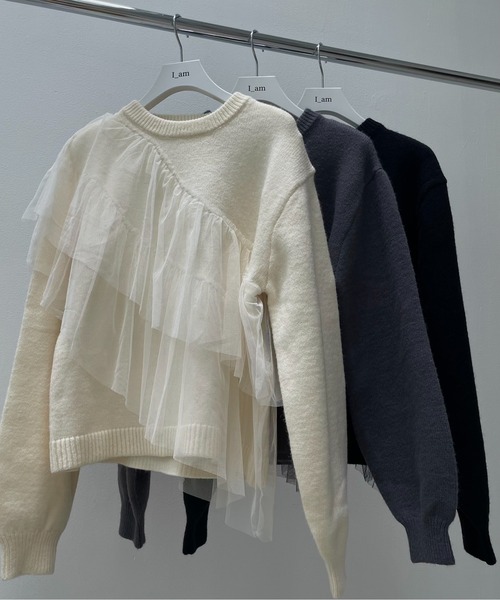 I_am(アイアム)の「asymmetry tulle docking knit / アシンメトリーチュールドッキングニット(ニット/セーター・レディース・チャコール/ブラック/アイボリー・FREE)」の4枚目の写真