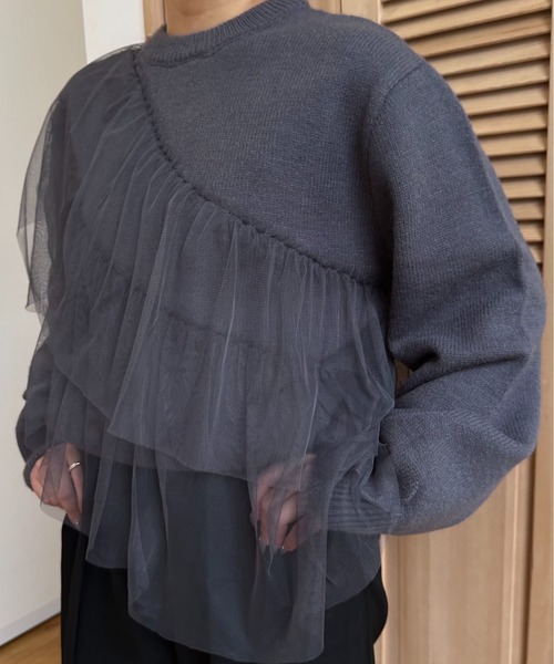I_am(アイアム)の「asymmetry tulle docking knit / アシンメトリーチュールドッキングニット(ニット/セーター・レディース・チャコール/ブラック/アイボリー・FREE)」の6枚目の写真