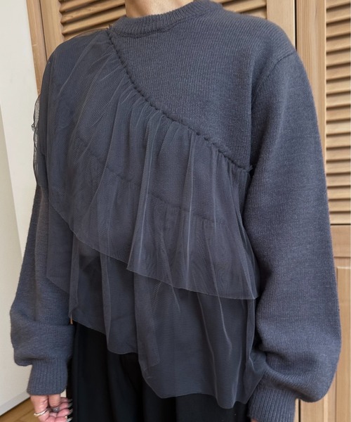 I_am(アイアム)の「asymmetry tulle docking knit / アシンメトリーチュールドッキングニット(ニット/セーター・レディース・チャコール/ブラック/アイボリー・FREE)」の7枚目の写真