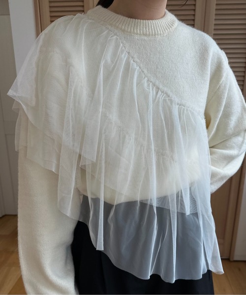 I_am(アイアム)の「asymmetry tulle docking knit / アシンメトリーチュールドッキングニット(ニット/セーター・レディース・チャコール/ブラック/アイボリー・FREE)」の9枚目の写真