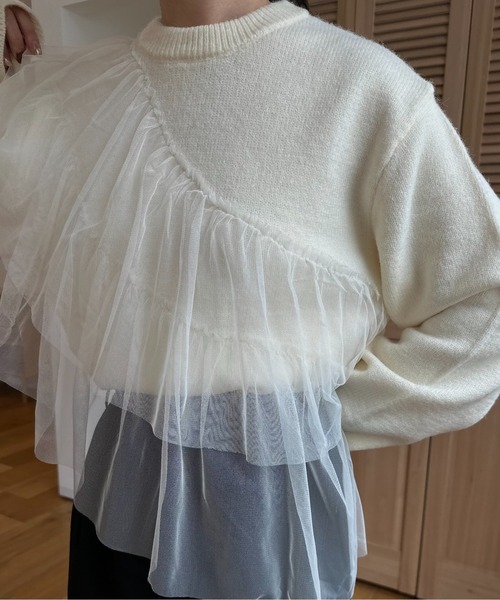 I_am(アイアム)の「asymmetry tulle docking knit / アシンメトリーチュールドッキングニット(ニット/セーター・レディース・チャコール/ブラック/アイボリー・FREE)」の10枚目の写真