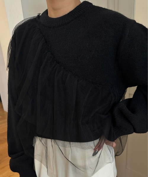 I_am(アイアム)の「asymmetry tulle docking knit / アシンメトリーチュールドッキングニット(ニット/セーター・レディース・チャコール/ブラック/アイボリー・FREE)」の11枚目の写真