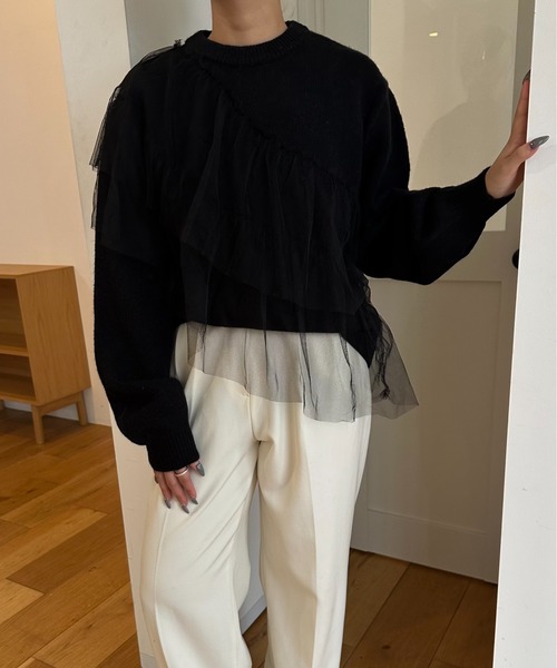 I_am(アイアム)の「asymmetry tulle docking knit / アシンメトリーチュールドッキングニット(ニット/セーター・レディース・チャコール/ブラック/アイボリー・FREE)」の12枚目の写真