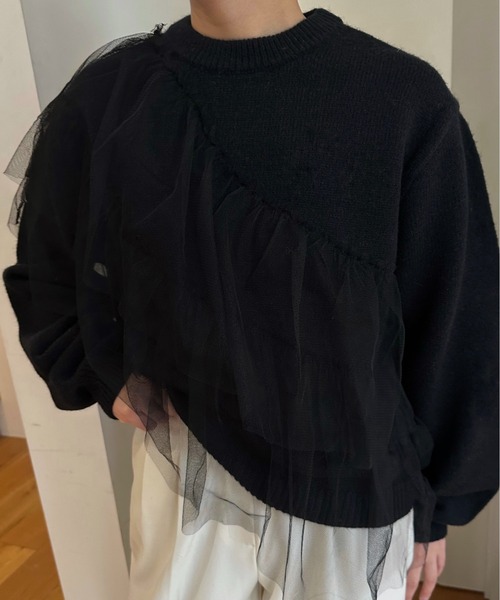 I_am(アイアム)の「asymmetry tulle docking knit / アシンメトリーチュールドッキングニット(ニット/セーター・レディース・チャコール/ブラック/アイボリー・FREE)」の13枚目の写真