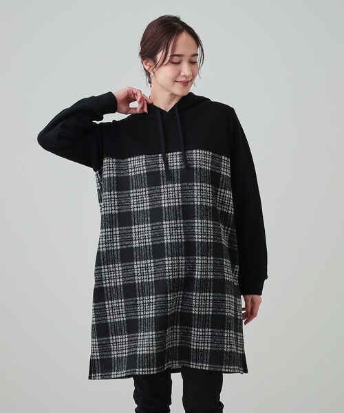 Plantation チェック柄　チュニック zucca プランテーション SALE】ブロックチェック塩縮プリントチュニック（WOMENトップス