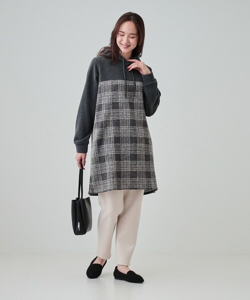PLEATS PLEASE!　チェック柄長袖チュニック　サイズ5　サンプル品 大きいサイズ レディース チェック柄切替えチュニック cast