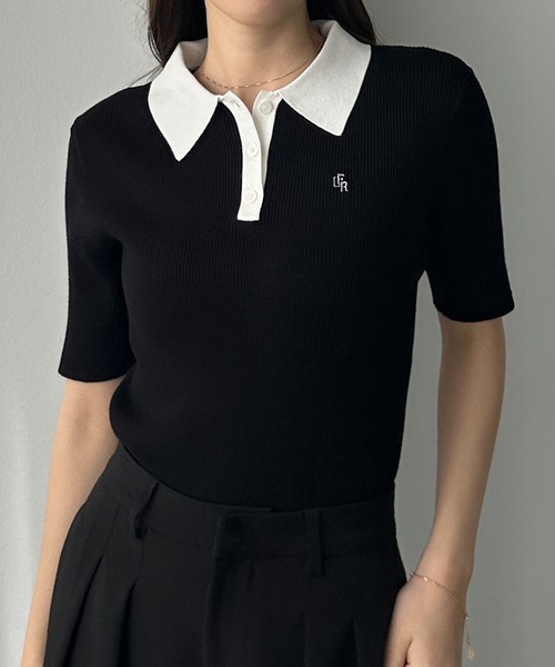 Louere（ルエレ）の「ロゴ刺繍半袖リブニットポロ（ニット/セーター・レディース・ネイビー/チャコール/アイボリー/ブラック系その他2/ブラック系その他・SMALL/MEDIUM/LARGE/X-LARGE）」の2枚目の写真
