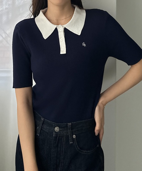 Louere（ルエレ）の「ロゴ刺繍半袖リブニットポロ（ニット/セーター・レディース・ネイビー/チャコール/アイボリー/ブラック系その他2/ブラック系その他・SMALL/MEDIUM/LARGE/X-LARGE）」の5枚目の写真
