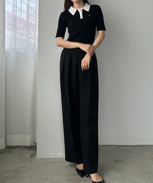 Louere（ルエレ）の「ロゴ刺繍半袖リブニットポロ（ニット/セーター・レディース・ネイビー/チャコール/アイボリー/ブラック系その他2/ブラック系その他・SMALL/MEDIUM/LARGE/X-LARGE）」の12枚目の写真