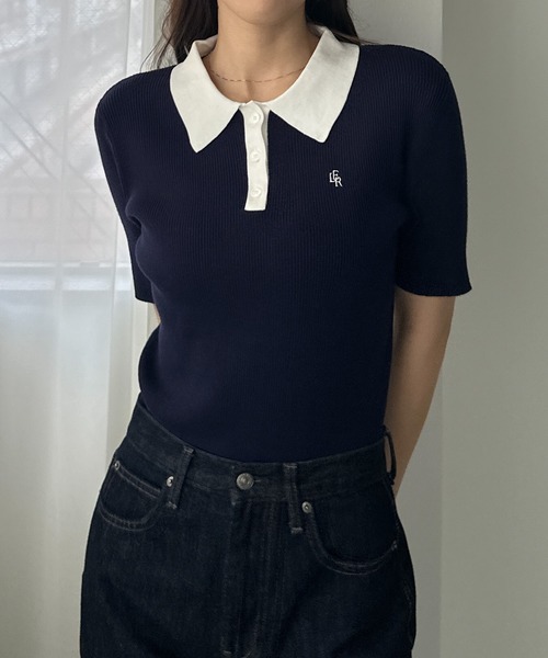 Louere（ルエレ）の「ロゴ刺繍半袖リブニットポロ（ニット/セーター・レディース・ネイビー/チャコール/アイボリー/ブラック系その他2/ブラック系その他・SMALL/MEDIUM/LARGE/X-LARGE）」の18枚目の写真