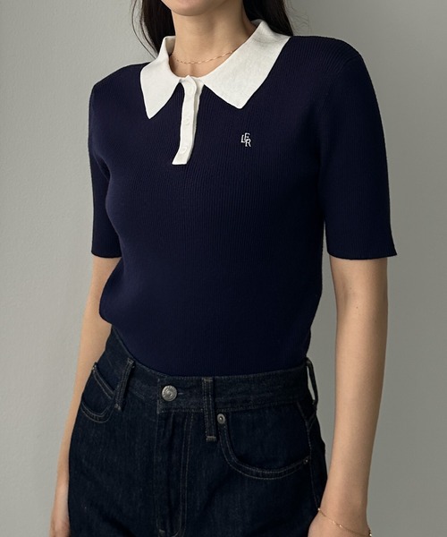 Louere（ルエレ）の「ロゴ刺繍半袖リブニットポロ（ニット/セーター・レディース・ネイビー/チャコール/アイボリー/ブラック系その他2/ブラック系その他・SMALL/MEDIUM/LARGE/X-LARGE）」の19枚目の写真