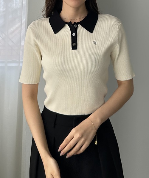 Louere（ルエレ）の「ロゴ刺繍半袖リブニットポロ（ニット/セーター・レディース・ネイビー/チャコール/アイボリー/ブラック系その他2/ブラック系その他・SMALL/MEDIUM/LARGE/X-LARGE）」の13枚目の写真