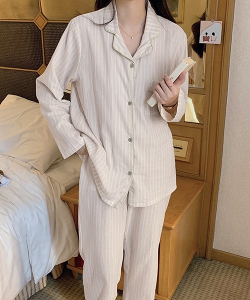 パジャマセットアップ、返送 Lace Ladies パジャマ ルームウェア ストライプ柄 開襟