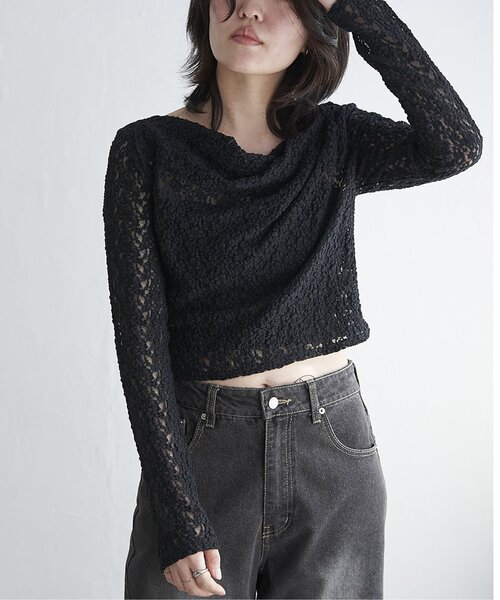 VENCEEXCHANGE（ヴァンスエクスチェンジ）の「レースドレープオフショル（Tシャツ/カットソー・レディース・ブラック/オフホワイト・FREE）」の2枚目の写真