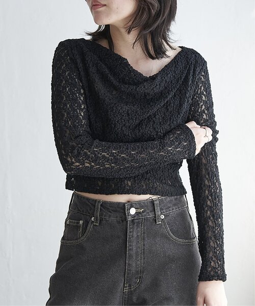 VENCEEXCHANGE（ヴァンスエクスチェンジ）の「レースドレープオフショル（Tシャツ/カットソー・レディース・ブラック/オフホワイト・FREE）」の3枚目の写真