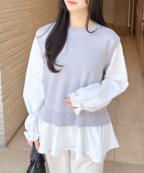 美品 LEONARD ドッキングニット 半袖 カンカン素材 白 サイズ42 セール】異素材ドッキングミリタリーニット（ニット/セーター