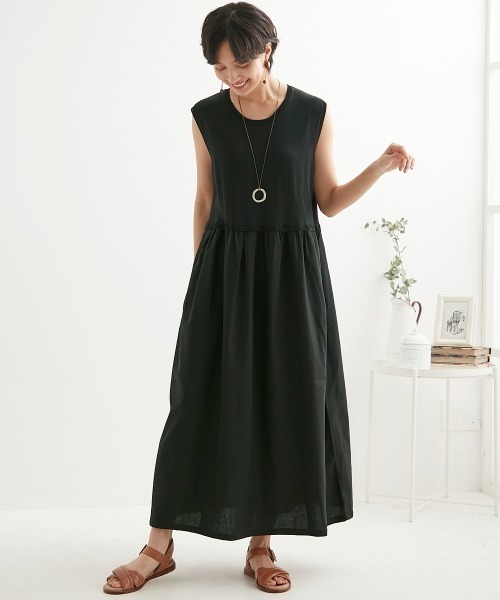 SMILE LAND（スマイルランド）の「異素材ドッキングワンピース＜大きいサイズ有＞【Otona Purete】（ワンピース・レディース・ブラック/キナリ・3L/M/L/LL）」の5枚目の写真