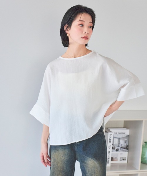LinoU.(リノユー)の「リネンタッチ五分袖トップス(Tシャツ/カットソー・レディース・オフホワイト/ブルー/ブラック・FREE)」の6枚目の写真