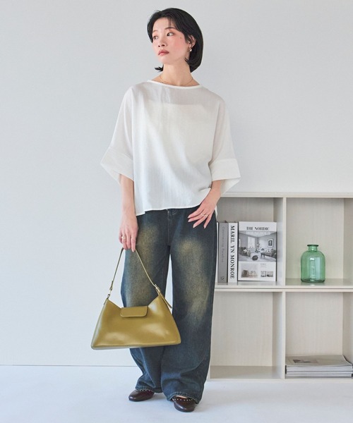 LinoU.(リノユー)の「リネンタッチ五分袖トップス(Tシャツ/カットソー・レディース・オフホワイト/ブルー/ブラック・FREE)」の7枚目の写真