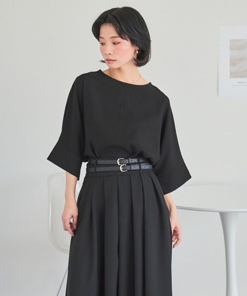 LinoU.(リノユー)の「リネンタッチ五分袖トップス(Tシャツ/カットソー・レディース・オフホワイト/ブルー/ブラック・FREE)」の11枚目の写真