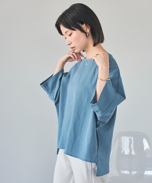 LinoU.(リノユー)の「リネンタッチ五分袖トップス(Tシャツ/カットソー・レディース・オフホワイト/ブルー/ブラック・FREE)」の12枚目の写真