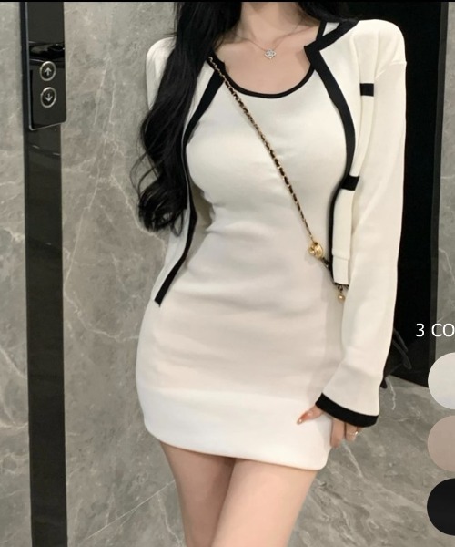 LETee（レティー）の「配色ラインが目を惹く♪美シルエットで魅せる大人フェミニンなニットワンピセット（ワンピース・レディース・ベージュ/ブラック/アイボリー・FREE）」の2枚目の写真