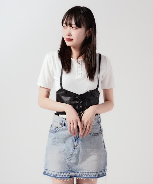 セール】Lace Up Fake Leather bustier / レースアップフェイク