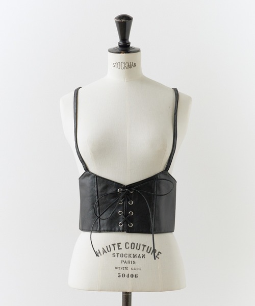 セール】Lace Up Fake Leather bustier / レースアップフェイクレザー