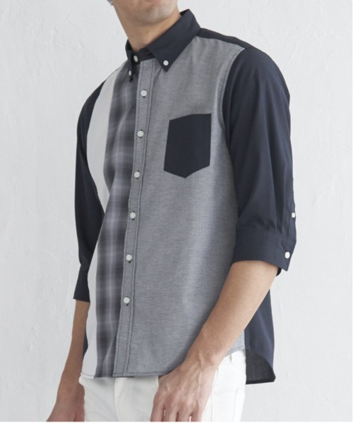 ikka(イッカ)の「7分袖オックスブロックスチェック切り替えシャツ(シャツ/ブラウス・メンズ・グレー/ネイビー/ホワイト・S/M/L/XL)」の3枚目の写真