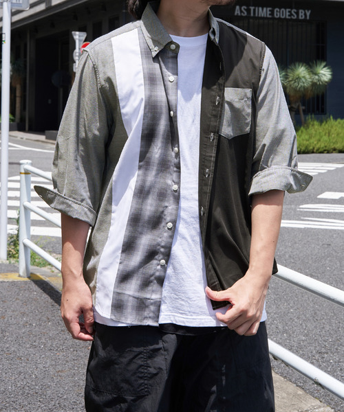 ikka(イッカ)の「7分袖オックスブロックスチェック切り替えシャツ(シャツ/ブラウス・メンズ・グレー/ネイビー/ホワイト・S/M/L/XL)」の2枚目の写真
