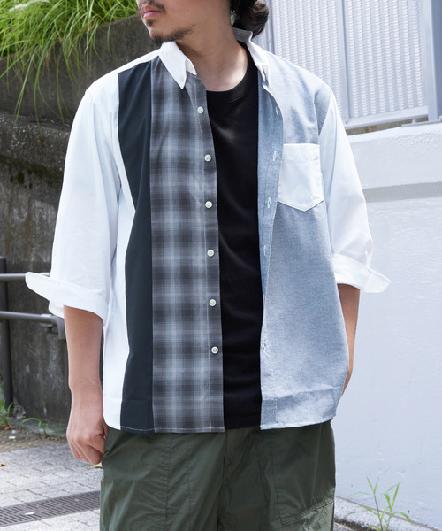 ikka(イッカ)の「7分袖オックスブロックスチェック切り替えシャツ(シャツ/ブラウス・メンズ・グレー/ネイビー/ホワイト・S/M/L/XL)」の1枚目の写真