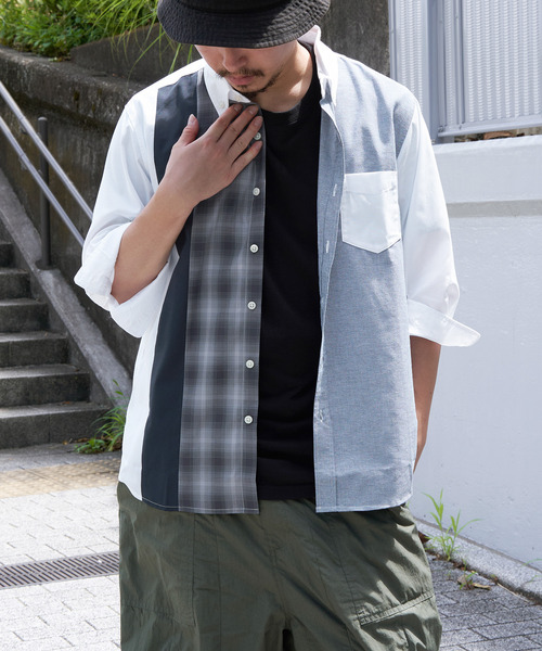 ikka(イッカ)の「7分袖オックスブロックスチェック切り替えシャツ(シャツ/ブラウス・メンズ・グレー/ネイビー/ホワイト・S/M/L/XL)」の16枚目の写真