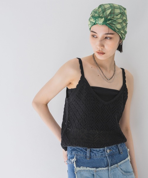 JEANASIS（ジーナシス）の「コットンリネンクロシェキャミソール/491057（キャミソール・レディース・ライトグリーン/ブラック/オフホワイト・FREE）」の3枚目の写真