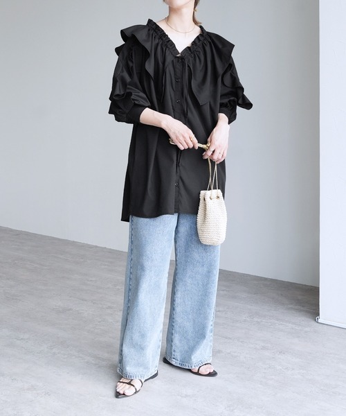 reca（レカ）の「フリル襟&フリル袖ブラウス（シャツ/ブラウス・レディース・ライトグレー/ブラック/アイボリー・M）」の7枚目の写真